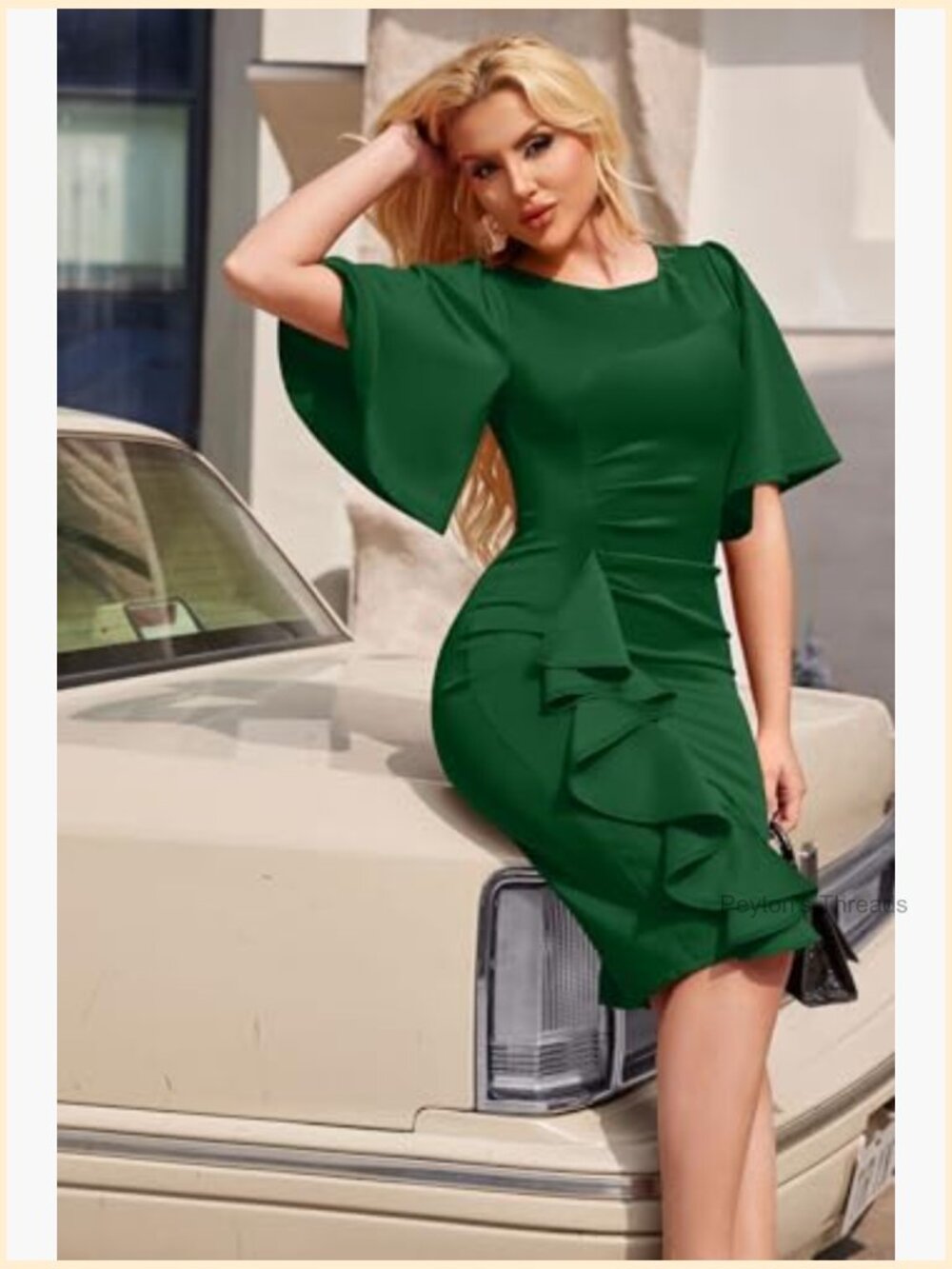 Ruffle Sleeve Ruched Bodycon Midi Pencil Dress - Picture 2 of 6